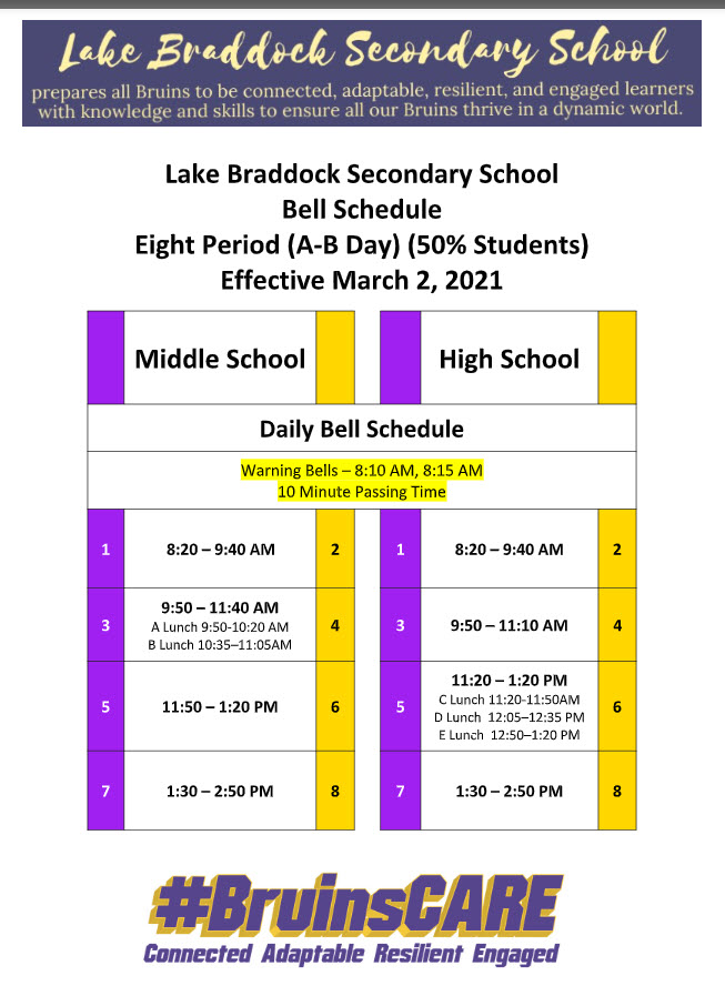 Bell Schedule and Purple and Gold Calendar Lake Braddock Secondary School